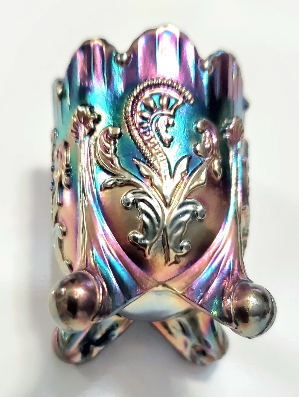 Vntg Joe St Clair Carnival Glass Inverted Fan and Feather" Toothpick Holder